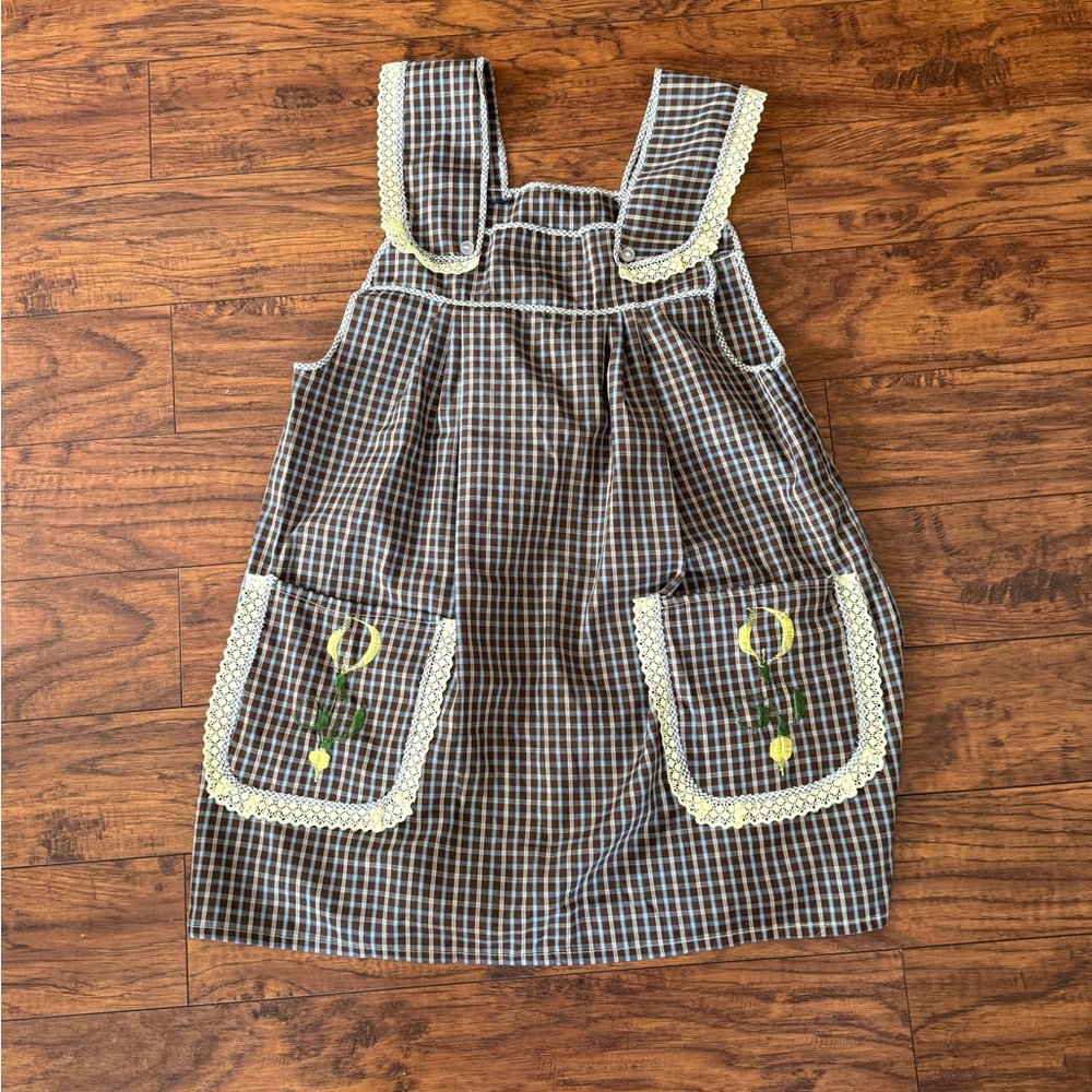 Vintage Brown Plaid Pinafore Apron Dress Yellow Floral Pockets Mandiles Prairie